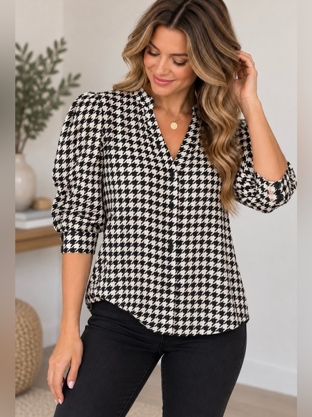 308 Laundry by Shelli Segal Houndstooth Blouse Small Black Ivory Puff Sleeve Top